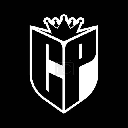 CP Letter fettes Monogramm mit Schildform und scharfer Krone innerhalb Schild schwarz-weiße Farbdesign-Vorlage