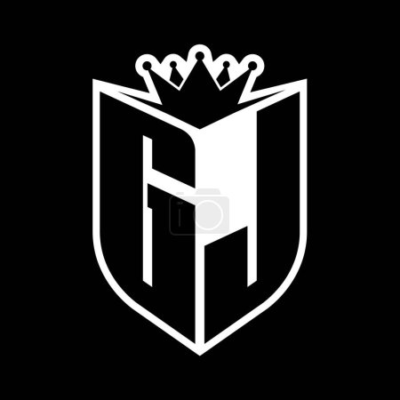 GJ Letter fettes Monogramm mit Schildform und scharfer Krone innerhalb Schild schwarz-weiße Farbdesign-Vorlage