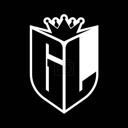 Carta GL en negrita monograma con forma de escudo y corona afilada escudo interior plantilla de diseño de color blanco y negro