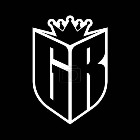 GR Letter bold monogram with shield shape and sharp crown inside shield black and white color design template