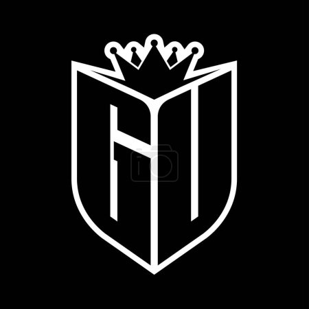 GU Letter fettes Monogramm mit Schildform und scharfer Krone innerhalb Schild schwarz-weiße Farbdesign-Vorlage