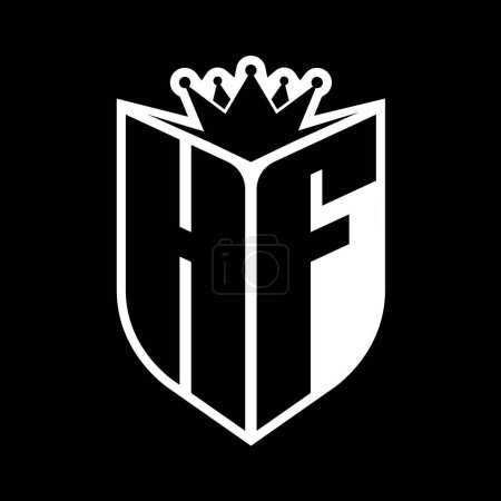 HF Carta monograma en negrita con forma de escudo y corona afilada escudo interior plantilla de diseño de color blanco y negro