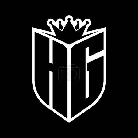 HG Letter fettes Monogramm mit Schildform und scharfer Krone innerhalb Schild schwarz-weiße Farbdesign-Vorlage