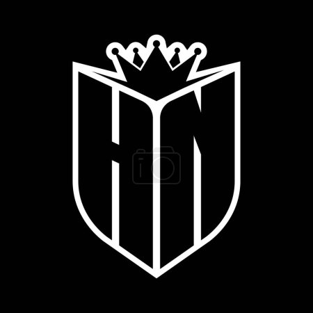HN Letter fettes Monogramm mit Schildform und scharfer Krone innerhalb Schild schwarz-weiße Farbdesign-Vorlage