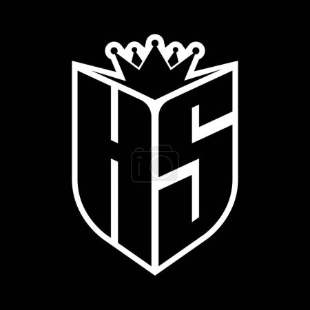 HS Carta monograma en negrita con forma de escudo y corona afilada escudo interior plantilla de diseño de color blanco y negro