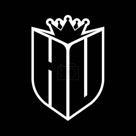 HU Letter bold monogram with shield shape and sharp crown inside shield black and white color design template