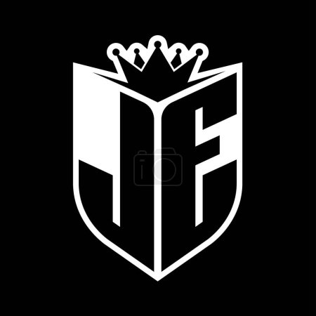 JE Carta monograma en negrita con forma de escudo y corona afilada escudo interior plantilla de diseño de color blanco y negro