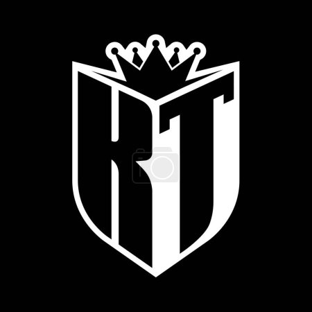 KT Letter fettes Monogramm mit Schildform und scharfer Krone innerhalb Schild schwarz-weiße Farbdesign-Vorlage