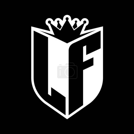 LF Letter fettes Monogramm mit Schildform und scharfer Krone innerhalb Schild schwarz-weiße Farbdesign-Vorlage