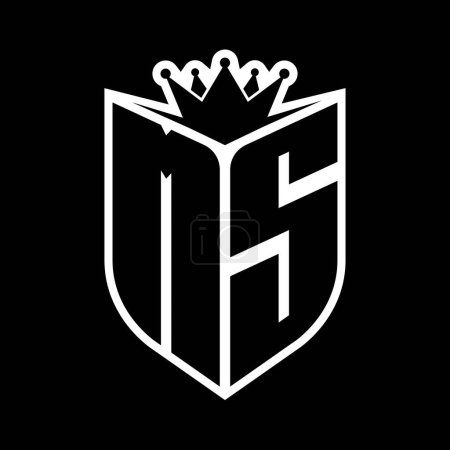 MS Letter fettes Monogramm mit Schildform und scharfer Krone innerhalb Schild schwarz-weiße Farbdesign-Vorlage
