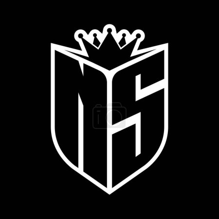 NS Letter fettes Monogramm mit Schildform und scharfer Krone innerhalb Schild schwarz-weiße Farbdesign-Vorlage
