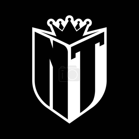 NT Letter fettes Monogramm mit Schildform und scharfer Krone innerhalb des Schildes schwarz-weiße Farbdesign-Vorlage