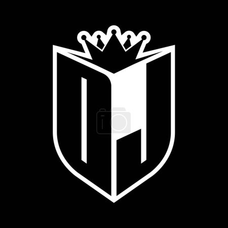 OJ Letter fettes Monogramm mit Schildform und scharfer Krone innerhalb Schild schwarz-weiße Farbdesign-Vorlage