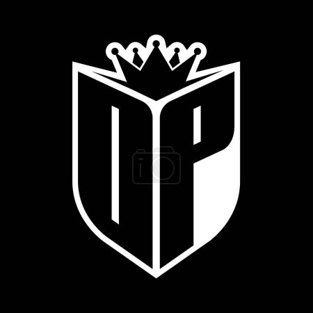 OP Carta monograma en negrita con forma de escudo y corona afilada escudo interior plantilla de diseño de color blanco y negro