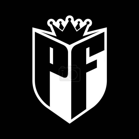 PF Letter fettes Monogramm mit Schildform und scharfer Krone innerhalb Schild schwarz-weiße Farbdesign-Vorlage