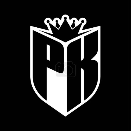 PK Carta monograma en negrita con forma de escudo y corona afilada escudo interior plantilla de diseño de color blanco y negro