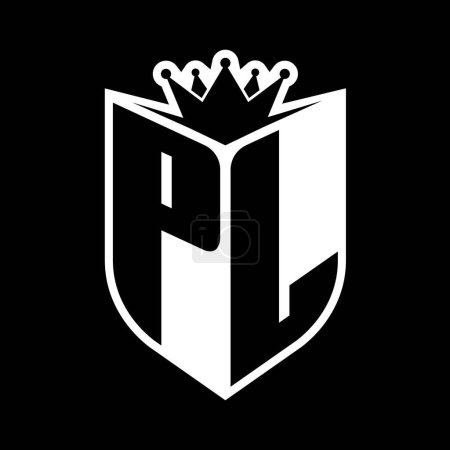 PL Letter fettes Monogramm mit Schildform und scharfer Krone innerhalb Schild schwarz-weiße Farbdesign-Vorlage