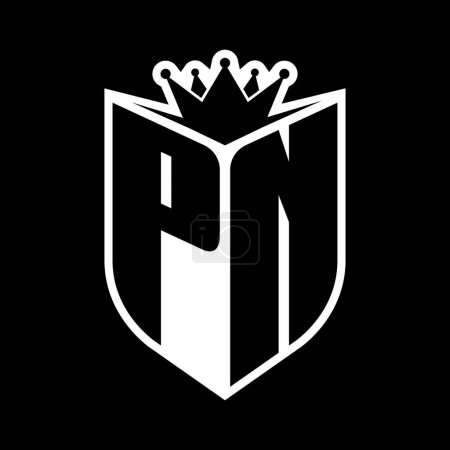PN Letter fettes Monogramm mit Schildform und scharfer Krone innerhalb Schild schwarz-weiße Farbdesign-Vorlage