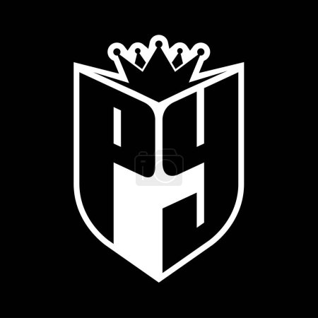 Carta PY en negrita monograma con forma de escudo y corona afilada escudo interior plantilla de diseño de color blanco y negro