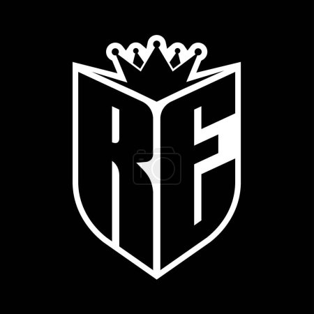 RE Carta monograma en negrita con forma de escudo y corona afilada escudo interior plantilla de diseño de color blanco y negro