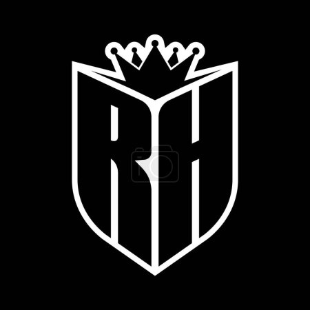 RH Carta monograma en negrita con forma de escudo y corona afilada escudo interior plantilla de diseño de color blanco y negro