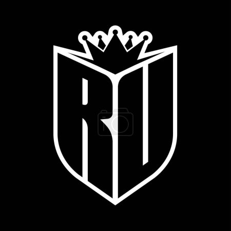 RU Letter bold monogram with shield shape and sharp crown inside shield black and white color design template