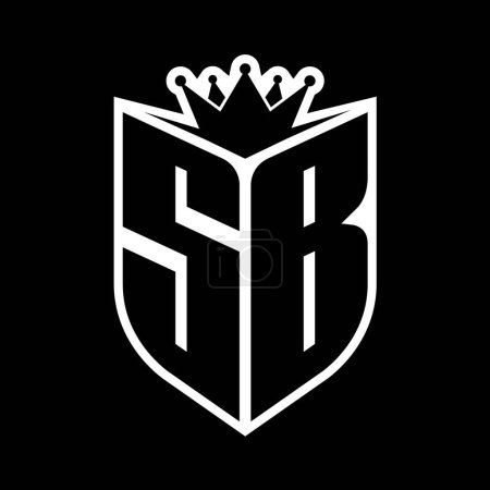 SB Carta monograma en negrita con forma de escudo y corona afilada escudo interior plantilla de diseño de color blanco y negro