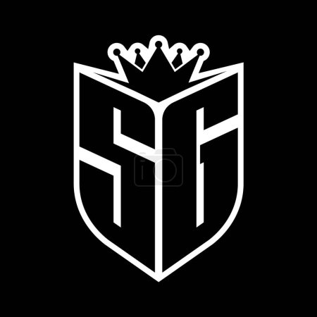 SG Carta monograma en negrita con forma de escudo y corona afilada escudo interior plantilla de diseño de color blanco y negro