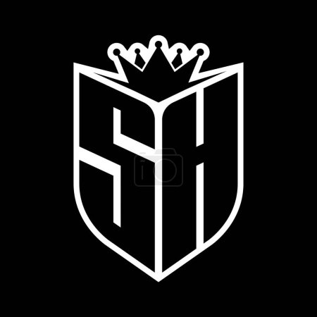 SH Carta monograma en negrita con forma de escudo y corona afilada escudo interior plantilla de diseño de color blanco y negro