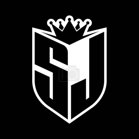 SJ Letter bold monogram with shield shape and sharp crown inside shield black and white color design template
