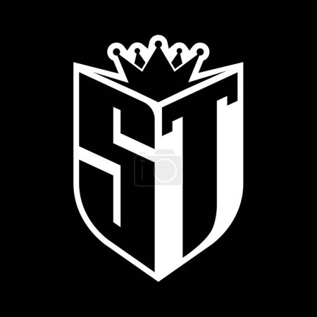 ST Letter fettes Monogramm mit Schildform und scharfer Krone innerhalb Schild schwarz-weiße Farbdesign-Vorlage