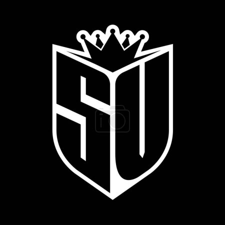 SV Letter fettes Monogramm mit Schildform und scharfer Krone innerhalb des Schildes schwarz-weiße Farbdesign-Vorlage