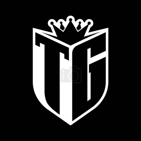 TG Letter fettes Monogramm mit Schildform und scharfer Krone innerhalb Schild schwarz-weiße Farbdesign-Vorlage