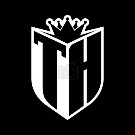 TH Letter fettes Monogramm mit Schildform und scharfer Krone innerhalb des Schildes schwarz-weiße Farbdesign-Vorlage