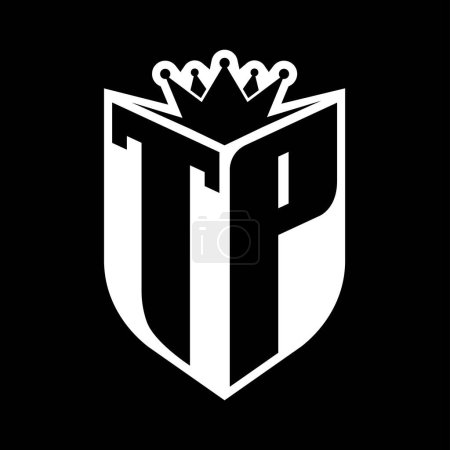 TP Letter fettes Monogramm mit Schildform und scharfer Krone innerhalb Schild schwarz-weiße Farbdesign-Vorlage