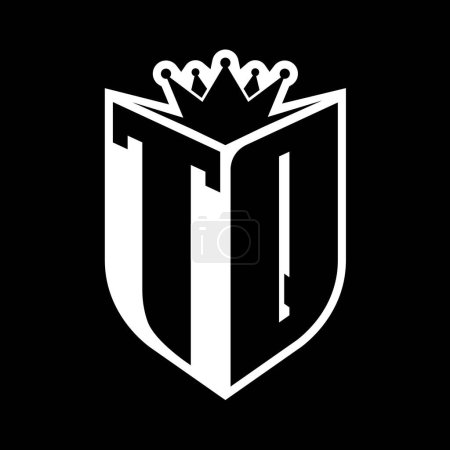 TQ Lettre monogramme gras avec forme de bouclier et couronne tranchante à l'intérieur du bouclier noir et blanc modèle de conception de couleur