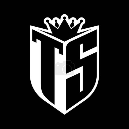 TS Carta monograma en negrita con forma de escudo y corona afilada escudo interior plantilla de diseño de color blanco y negro