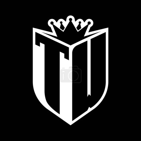 TW Letter fettes Monogramm mit Schildform und scharfer Krone innerhalb Schild schwarz-weiße Farbdesign-Vorlage