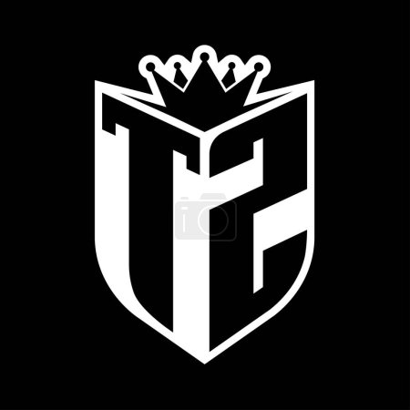TZ Letter fettes Monogramm mit Schildform und scharfer Krone innerhalb des Schildes schwarz-weiße Farbdesign-Vorlage