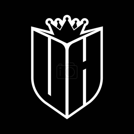 Carta UH en negrita monograma con forma de escudo y corona afilada escudo interior plantilla de diseño de color blanco y negro