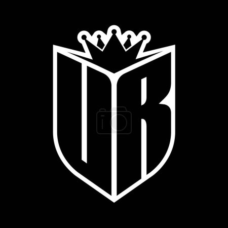 Carta UR en negrita monograma con forma de escudo y corona afilada escudo interior plantilla de diseño de color blanco y negro