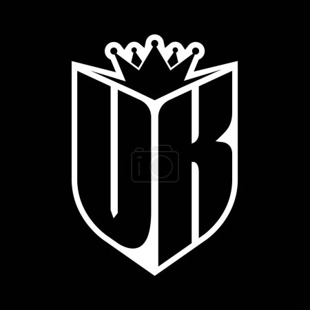 VK Carta monograma en negrita con forma de escudo y corona afilada escudo interior plantilla de diseño de color blanco y negro