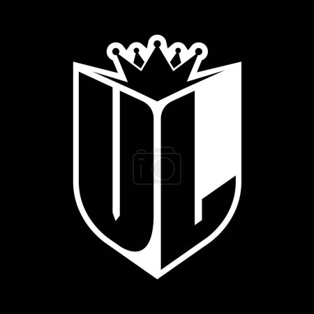 VL Letter fettes Monogramm mit Schildform und scharfer Krone innerhalb Schild schwarz-weiße Farbdesign-Vorlage