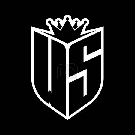 WS Carta monograma en negrita con forma de escudo y corona afilada escudo interior plantilla de diseño de color blanco y negro