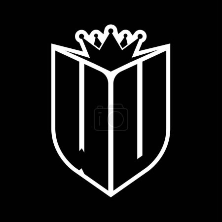 WU Carta monograma en negrita con forma de escudo y corona afilada escudo interior plantilla de diseño de color blanco y negro