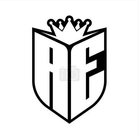 AE Letter bold monogram with shield shape and sharp crown inside shield black and white color design template