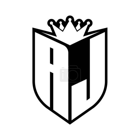 AJ Letter fettes Monogramm mit Schildform und scharfer Krone innerhalb Schild schwarz-weiße Farbdesign-Vorlage