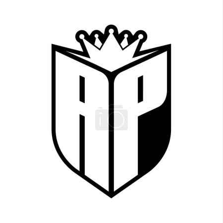 AP Letter bold monogram with shield shape and sharp crown inside shield black and white color design template