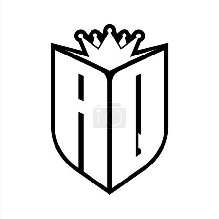 AQ Letter bold monogram with shield shape and sharp crown inside shield black and white color design template