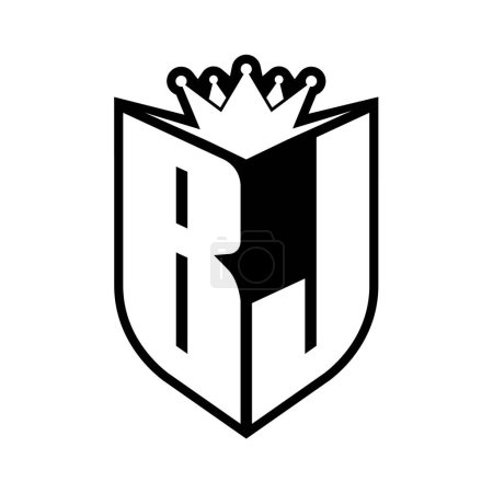 BJ Carta en negrita monograma con forma de escudo y corona afilada escudo interior negro y blanco plantilla de diseño de color